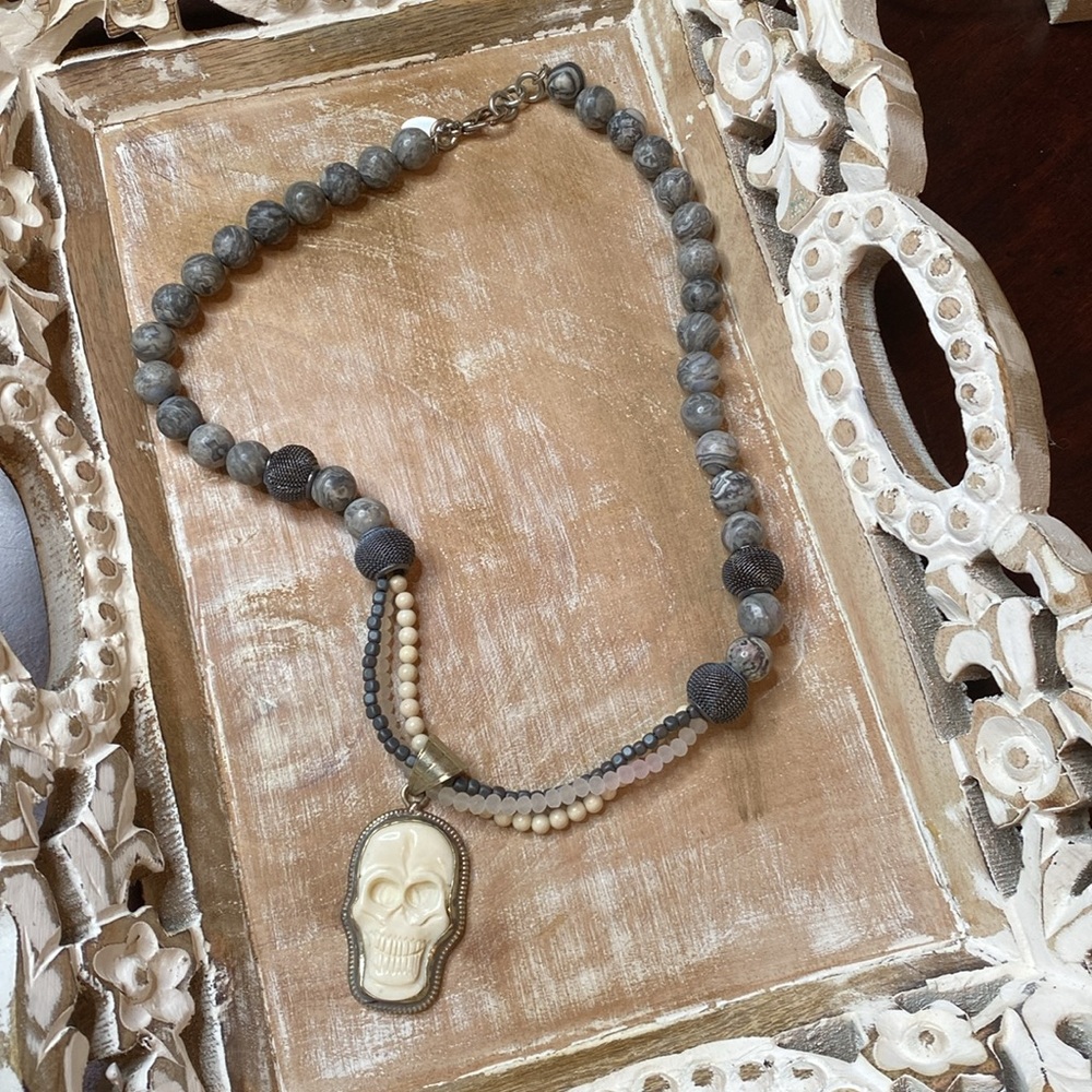 💀 LOYAL MUSE Handcrafted Skull Beaded Necklace. Stormy Jasper & Silver.